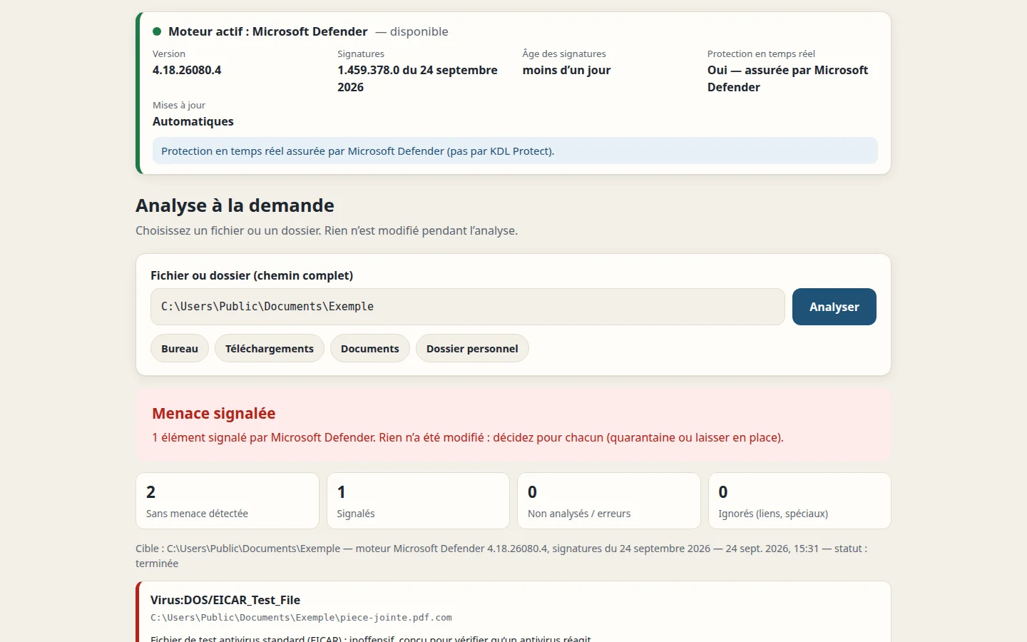 Résultat d’une analyse KDL Protect : élément signalé, explication et quarantaine.